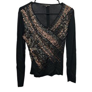 Pierri New York Medium Sequin Embellished V-Neck Long Sleeve Black Blouse